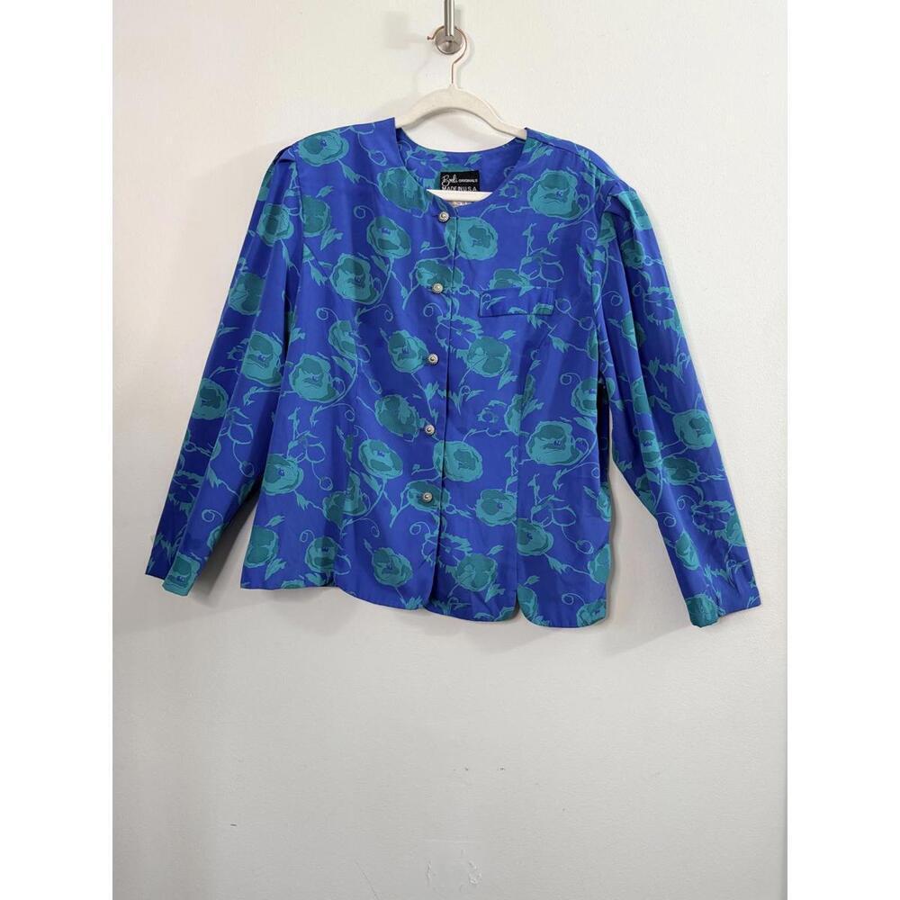 Vintage Berli Original 1970’s  Blue Floral Button-Up Blouse Size 18 Made in USA
